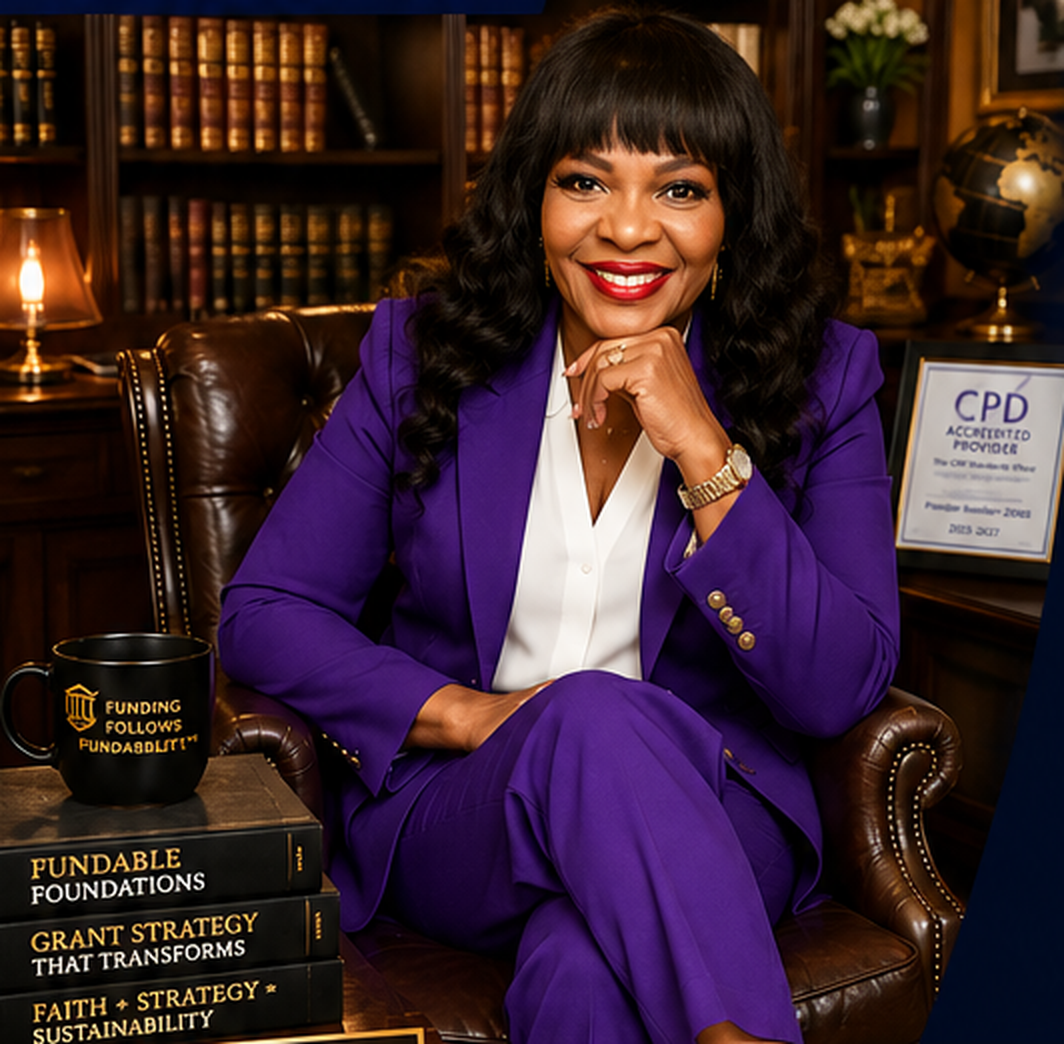 DrFaye, Chief Funding Officer of The Fundability Institute, seated in a leather chair in a book-lined executive office wearing a royal purple suit.